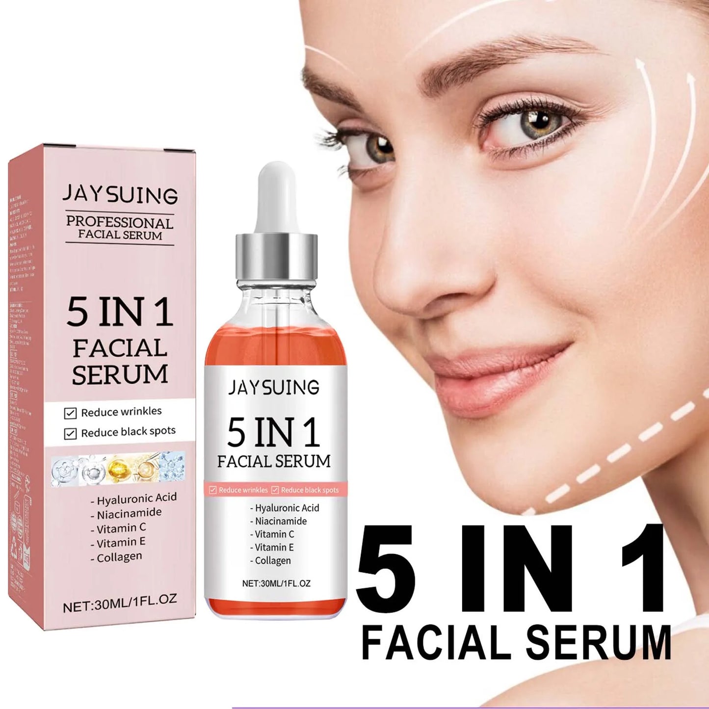 5 In 1 Facial Serum Fade Fine Lines Firming Skin Shrink Pores Moisturizing Brightning Vitamin C Hyaluronic Acid Face Serum